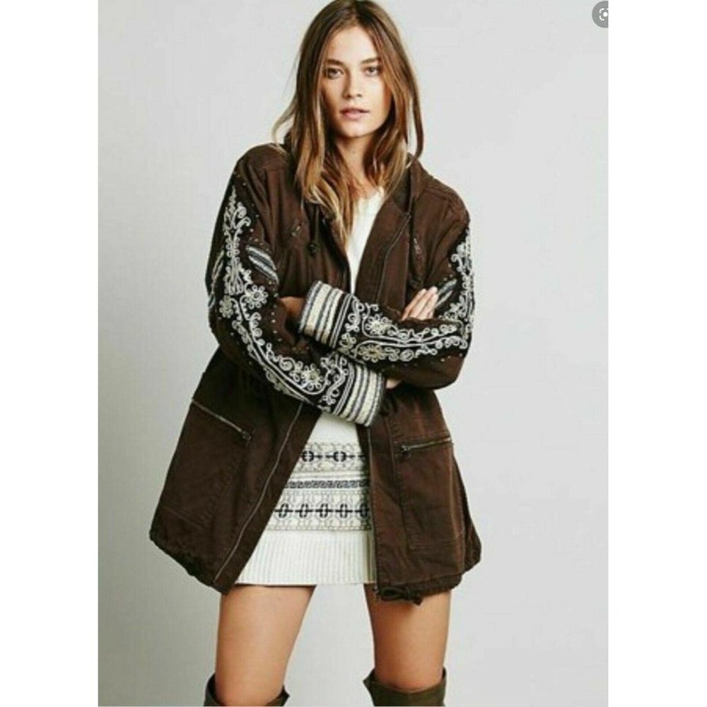 Free People Golden Quills Brown Military Jacket
